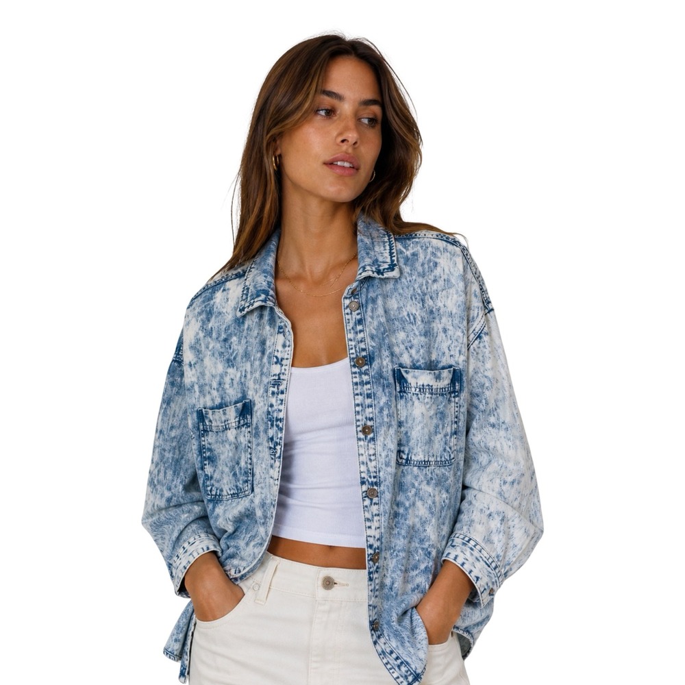 Thread & Supply Acid Wash Shacket Lyocell Oversized Blue L